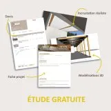 Inclusion d’éléments graphiques avec un devis, une fiche projet et des modélisations 3D pour une étude gratuite de construction.