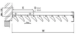 Schéma technique montrant un support avec crochets, dimensions indiquées pour une installation précise.