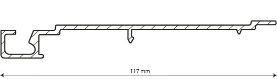 Profil en coupe d’une pièce technique, montrant des dimensions précises de 117 mm pour un usage industriel.