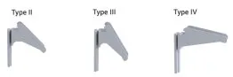 Image montrant trois types de supports en métal : Type II, Type III et Type IV, chacun avec un design distinct.