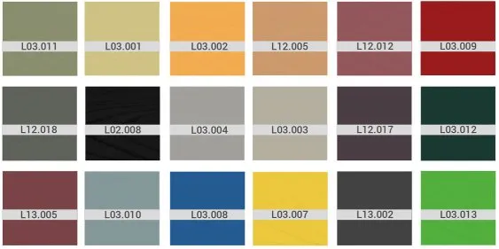 Palette de couleurs variées avec des codes, incluant des teintes de rouge, vert, gris et plus, pour le design et la décoration.