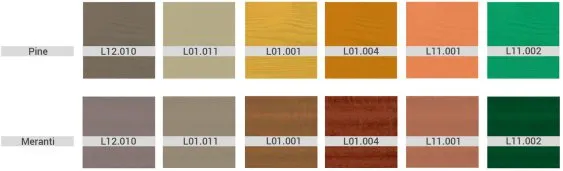 Palette de couleurs en bois de pin et meranti, avec des références uniques pour chaque teinte.