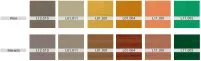 Palette de couleurs en bois de pin et meranti, avec des références uniques pour chaque teinte.