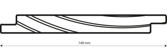 Profil technique d’une pièce avec dimension de 148 mm, montrant un design détaillé et des lignes de coupe.