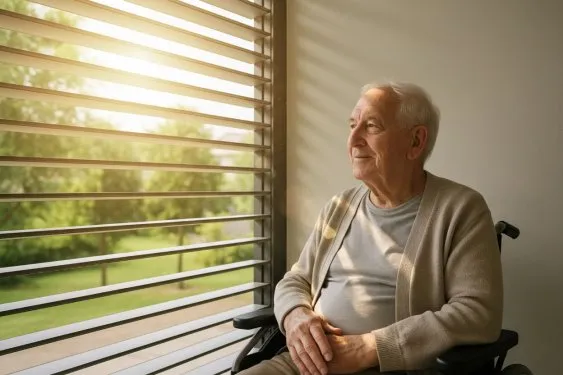 Espace de repos lumineux en maison de retraite : les brise-soleil SUNDIY filtrent l’éblouissement, améliorent le confort thermique et préservent l’intimité, tout en laissant entrer une lumière douce